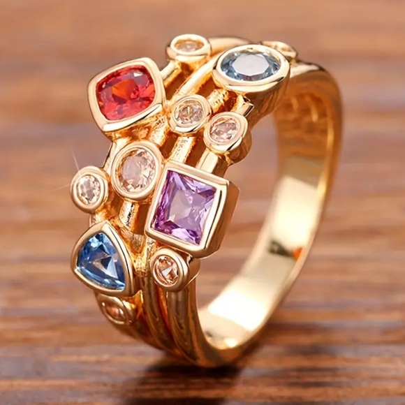 Vintage Luxury Geometric Rings with Multi-Colored Synthetic Gemstones - Picture 2 of 6